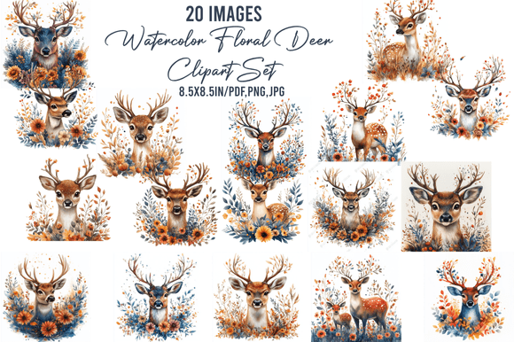 Download Watercolor Floral Deer Clipart Set - Deer Collection